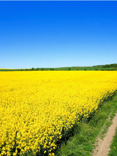 A path leads through flower fields, blue skies above.